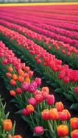 AI generated Photo Of Vibrant Tulip Field In Spring Rows Of Colorful Flowers Natural Beauty. AI Generated