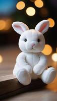 AI generated Photo Of A Cuddly White Plush Toy Rabbit Sitting And Waiting To Be Hugged. AI Generated