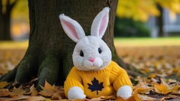 AI generated Photo Of A Stuffed Animal Bunny In A Sweater Leaning Against A Tree In A Est With Leaves On The Ground And A Yellow Maple Leaf In The Eground. AI Generated