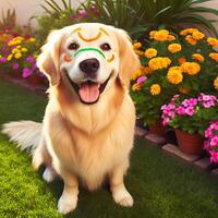 AI generated a golden. retriever sitting in the. grass. Petal Play. Beautiful, Spring Banner Capturing the Joy of a. Happy, Dog, AI generated photo