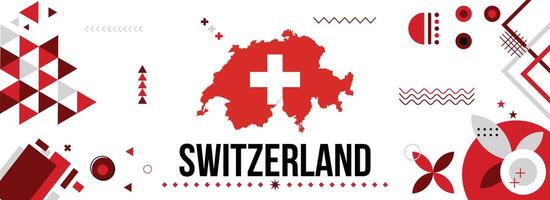 switzerland national or independence day banner for country celebration. Flag and map of switzerland with raised fists. Modern retro design with typorgaphy abstract geometric icons. vector