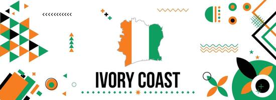 Ivory Coast national or independence day banner for country celebration. Flag and map of Cote Divoire with raised fists. Modern retro design with typorgaphy abstract geometric icons. vector