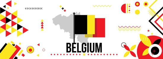 Belgium national or independence day banner for country celebration. Flag and map of Belgium with raised fists. Modern retro design with typorgaphy abstract geometric icons. Vector illustration.