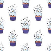 Easter cake with chick in cartoon style. Hand drawn Easter bakery with nestling. Easter chick cake seamless pattern. Flat design. Doodle style. Illustration isolated on white background. vector