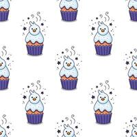 Easter cake with chick in cartoon style. Hand drawn Easter bakery with nestling. Easter chick cake seamless pattern. Flat design. Doodle style. Illustration isolated on white background. vector