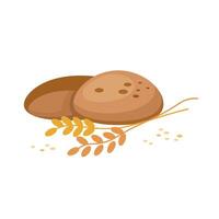 Loaves of bread with wheat spikes. Bread with wheat spikes and grains. Bread icon in cartoon style. Vector illustration isolated on white background.