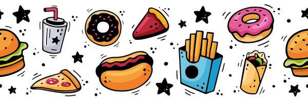 Fast food border, frieze, edging, pattern. Hand drawn seamless border, pattern with fast food elements. Comic style. Vector illustration