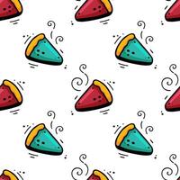 Piece of pie seamless pattern. Sketch of cheesecake. Hand drawn fast food, home food vector illustration in doodle style. Colorful Cherry pie hand drawn with felt-tip pen.