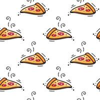 Hand drawn pizza seamless pattern. Fast food texture. Vector Fast food illustration in doodle style. Vector illustration of Pizza. Sketch of slice of pizza.