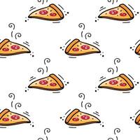 Hand drawn pizza seamless pattern. Fast food texture. Vector Fast food illustration in doodle style. Vector illustration of Pizza. Sketch of slice of pizza.