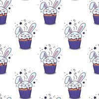 Easter cake - rabbit, hare, bunny in cartoon style. Hand drawn seamless pattern with Easter hare character. Flat design. Doodle style. Illustration isolated on white background. vector
