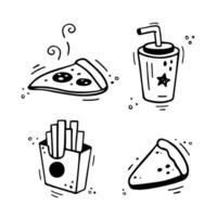 Fast food icons set - shawarma, burrito, French fries, paper cup with drink, pie, cake, tart, cheesecake Hand drawn fast food combo. Comic doodle sketch style. Vector illustration