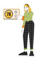 Turning down thermostat line cartoon flat illustration. Saving energy home 2D lineart character isolated on white background. Reduce utility bills. Room temperature change scene vector color image