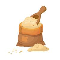 Wheat Flour in bag with wooden scoop. Sack with wheat flour and grains. Flour bale in cartoon style. Vector illustration isolated on white background.