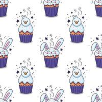 Easter cake - rabbit, hare, bunny, chick, nestling in cartoon style. Hand drawn seamless pattern with Easter character. Flat design. Doodle style. Illustration isolated on white background. vector