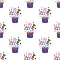 Easter cake with rabbits ears and carrot in cartoon style. Hand drawn seamless pattern with Easter bakery with bunny ears. Flat design. Doodle style. Illustration isolated on white background. vector