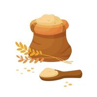 Flour in burlap bag with wooden scoop. Sack with wheat flour, grains, ears of wheat. Flour bale in cartoon style. Vector illustration isolated on white background.