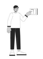 Clicking light switch black and white cartoon flat illustration. Arab adult guy 2D lineart character isolated. Reduce carbon footprint. Energy conservation at home monochrome vector outline image