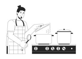 caucásico chico cubierta maceta con tapa negro y blanco 2d línea dibujos animados personaje. comida preparando. europeo hombre aislado vector contorno persona. estufa Cocinando utensilio monocromo plano Mancha ilustración