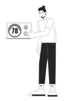 Adjusting thermostat black and white cartoon flat illustration. Keep house warm 2D lineart character isolated. Lower electricity usage. Heating control switching monochrome scene vector outline image