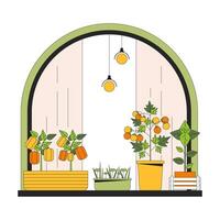 Windowsill garden 2D linear cartoon object. Indoor gardening. Window sill herbs planting isolated line vector element white background. Veggies plants. Vegetables in pots color flat spot illustration