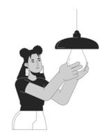 Switching to energy saving lightbulb black and white cartoon flat illustration. Hispanic woman replacing bulb 2D lineart character isolated. Modernization light monochrome scene vector outline image