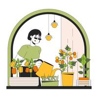Growing indoor veggies windowsill line cartoon flat illustration. Asian woman 2D lineart character isolated on white background. Reduce electricity usage. Saving energy home scene vector color image