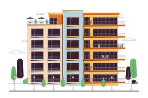 pisos condominio con balcones línea dibujos animados plano ilustración. frente ver edificio condominio exterior 2d arte lineal objeto aislado en blanco antecedentes. real inmuebles alojamiento escena vector color imagen