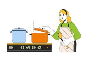 caucásico mujer poniendo tapa en maceta 2d lineal dibujos animados personaje. hirviendo agua. rubia hembra aislado línea vector persona blanco antecedentes. Cocinando cena a cocina color plano Mancha ilustración