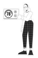 Turning down thermostat black and white cartoon flat illustration. Saving energy home 2D lineart character isolated. Reduce utility bills. Room temperature change monochrome scene vector outline image