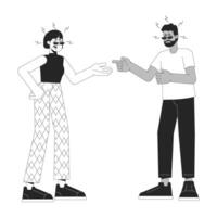 Interracial couple argument black and white cartoon flat illustration. Unhappy married pair 2D lineart characters isolated. Emotional expressing, body language monochrome scene vector outline image