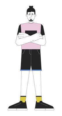 Woman angry arms crossed line cartoon flat illustration. Mad pouting adult male 2D lineart character isolated on white background. Emotional expressing, body language scene vector color image