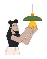 Switching to energy saving lightbulb line cartoon flat illustration. Hispanic woman replacing bulb 2D lineart character isolated on white background. Modernization light scene vector color image