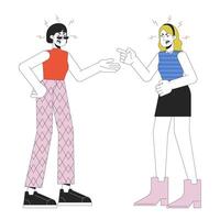 Two women confrontation line cartoon flat illustration. Girlfriends aggressive 2D lineart characters isolated on white background. Emotional expressing, body language scene vector color image