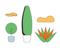 Outdoor decor 2D linear cartoon objects set. Decorative stones. Potted shrubs isolated line vector elements white background. Lawn plants. Bushes in pots color flat spot illustration collection