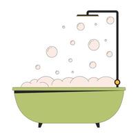 Bathtub bubble bath shower 2D linear cartoon object. Washing showering equipment isolated line vector element white background. Bathroom hygiene. Foam bathtime color flat spot illustration