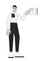 Turning off light with wall switch black and white cartoon flat illustration. Muslim hijab 2D lineart character isolated. Push button turn on. Save energy bill monochrome scene vector outline image