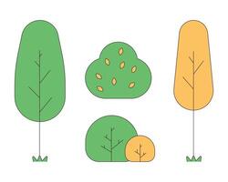 Yard decoration 2D linear cartoon objects set. Park trees, shrubs bushes isolated line vector elements white background. Countryside plants. Environment ecology color flat spot illustration collection