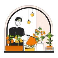 interior vegetal jardinería línea dibujos animados plano ilustración. asiático masculino riego vegetales 2d arte lineal personaje aislado en blanco antecedentes. reducir energía costos a hogar escena vector color imagen