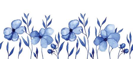 watercolor seamless border, frame of abstract flowers and leaves in blue. simple botanical illustration vector