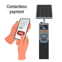Contactless wireless payment for parking. Hands with smart phone and parking meter in flat style isolated on white. Technology concept. Online payment. Payment method. vector