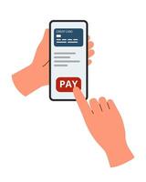 Contactless online payment by phone. The concept of money, the concept of technology and wireless payment. Human hands holding a phone with a pay button. vector