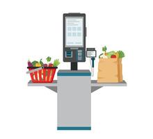 autoservicio revisa con compras bolso y compras cesta lleno de comida en el supermercado aislado en blanco. yo Servicio y yo pago Terminal. sin contacto pago. vector