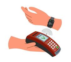 Payment terminal and hand with smart watch. Contactless payment concept. Technology concept. vector