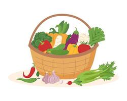 Basket with fruit and vegetables isolated on white background. Food concept. Harvest concept. Thanksgiving. vector