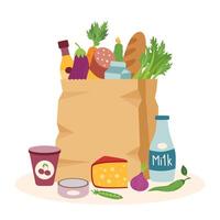 Shopping paper bag with food isolated on white background. Shopping concept. Delivery concept. vector