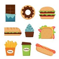 Set of junk food in flat style isolated on white. vector