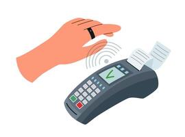 Payment terminal and hand in smart ring. Contactless payment concept. Technology concept. vector