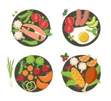 conjunto de platos con comida en plano estilo aislado en blanco antecedentes. comida concepto. menú concepto. sano comiendo concepto. desayuno. vector