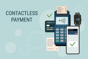 Contactless payment background. Set of objects for wireless payment. Payment terminal, phone, credit cards, smart watch, receipt. Technology concept. vector